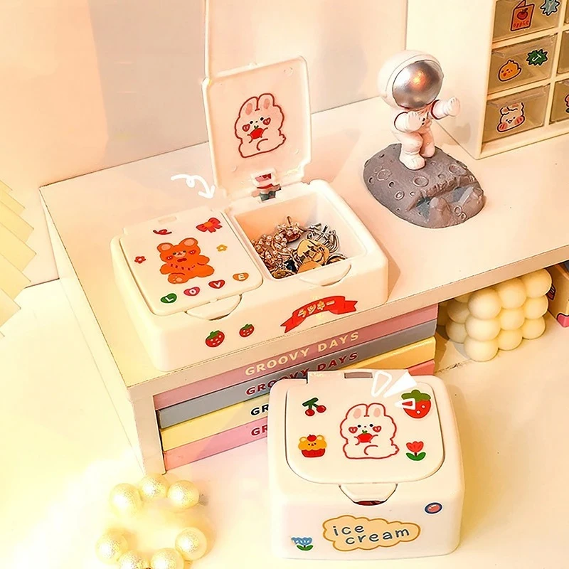 Kawaii Cartoon Desk Organizer Box Button Cosmetics Storage Box with Lid Mini Jewelry Organizer Cosmetics Makeup Container