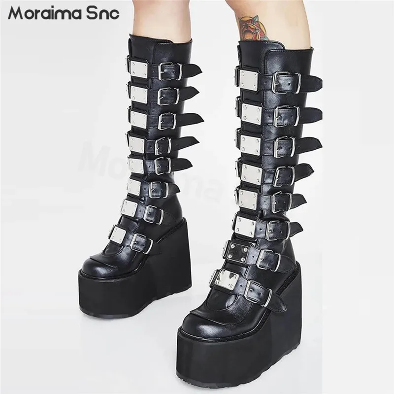 Pink Metal Belt Buckle Platform Boots Y2K Round Toe Heightened Thick-Soled Large Size Personality Fashion High-Top Women's Boots