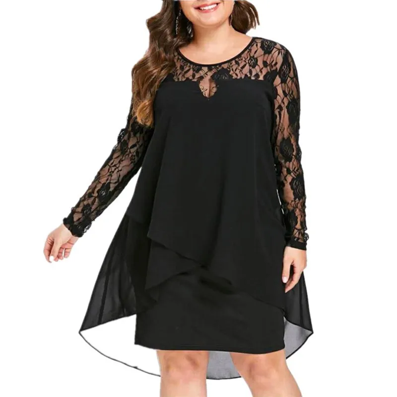 

Women Plus Size Party Dress Solid Color Crew Neck Lace Full Sleeve Prom Midi Dress Hollow Out Bodycon Layered Street Work Dress
