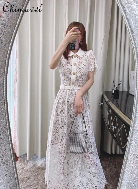 Fashion Design French Retro High Waist Slimming White Lace Dress 