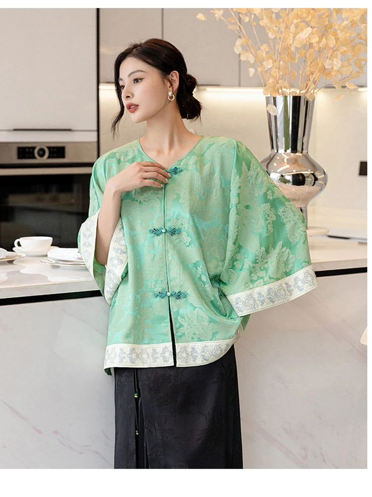Chinese Style O-Neck Jacquard Casual Loose Bat Sleeve Shirt for Women Contrast Color Spliced Cuffs Jacket S-XXL