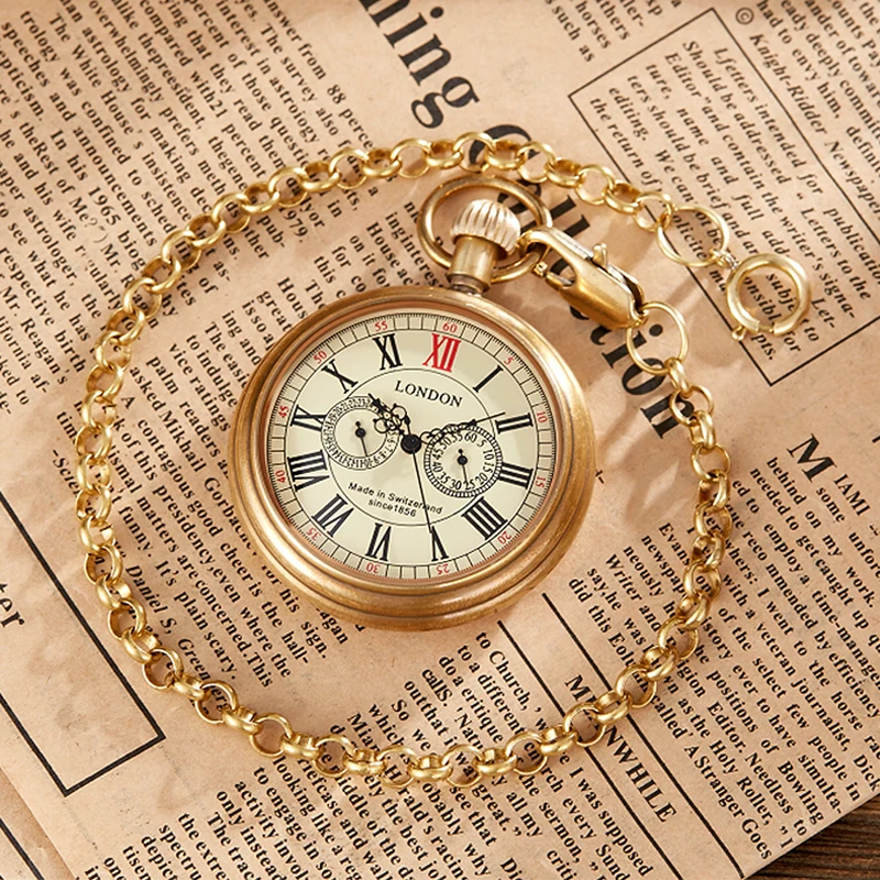 Luxury Roman Numerals Mechanical Pocket Watch Palace Full Copper Hand Wind Old Fob Chain Clock for Men Women Collection Gifts