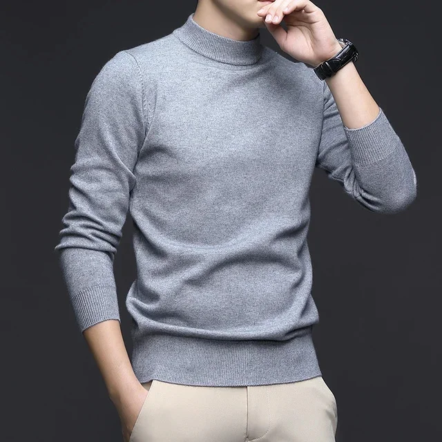 thumbnail image 1 of Otoño 2024 Nuevo suéter elástico ajustado de color sólido de cuello medio alto para hombres Camisa de fondo para jóvenes y de mediana edad, 1 of 5