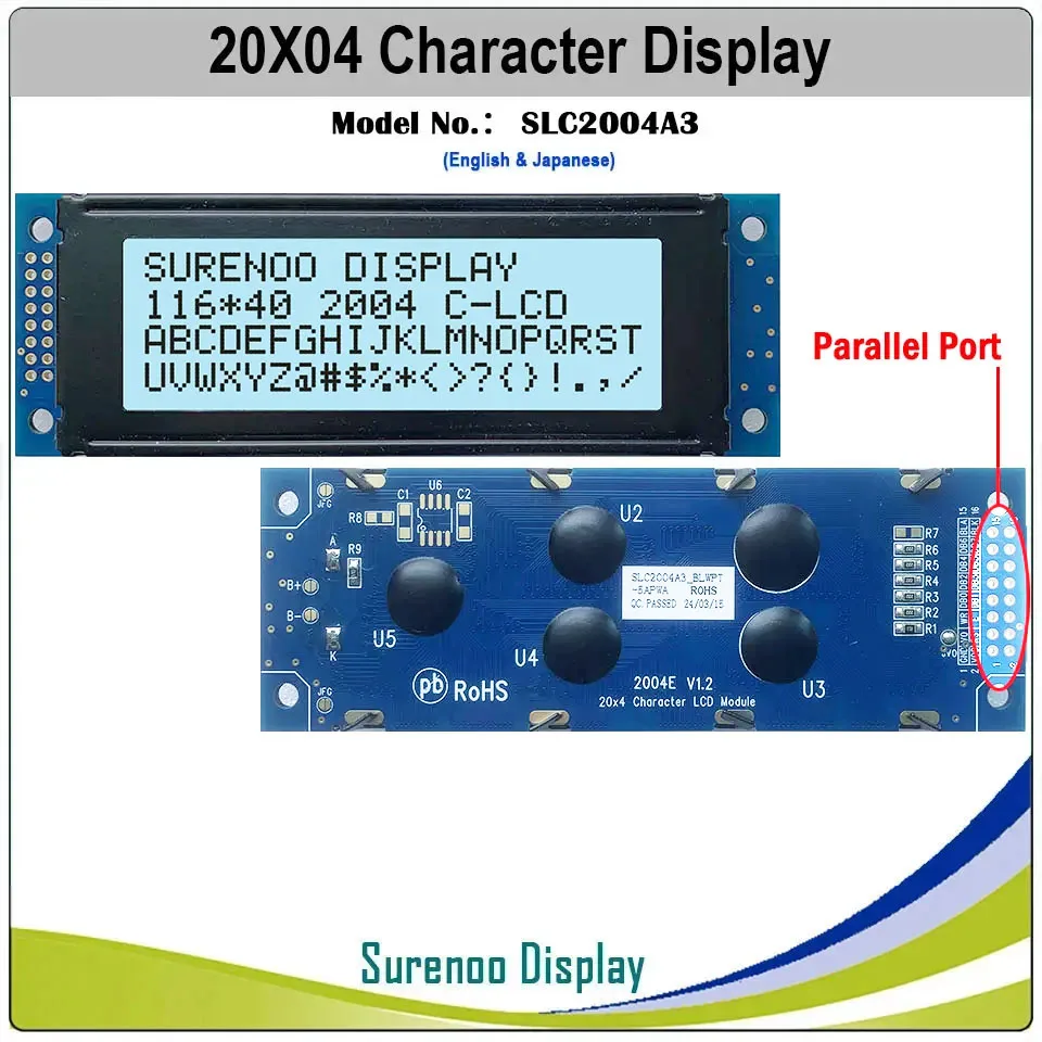 Surenoo 116*40MM 2*8Pin 204 20X4 2004 6800 IIC I2C Character LCD Module Display Screen LCM White LED Backlight English Japanese lcd display module display module