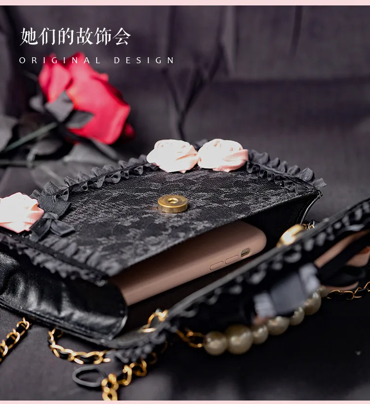 Lolita Messenger Bag Girl Versatile Pearl Chain Bowknot Flower Square Bag JK Black Pink Sweet Cool Lolita Crossbody Bag Female