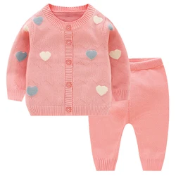 2Piece Sets Sping Fall Baby Girl Clothes 0 To 3 Months Korean Cartoon Cute Knit Pink Outerwear Coat+Pants Infant Clothing BC387