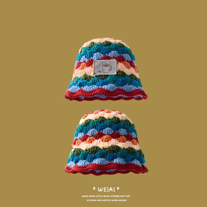 Autumn Acrylic Stripe Print Thicken Knitted Hat Warm Cap Beanie Hat For Girl and Women Versatile Retro Cotton Fisherman