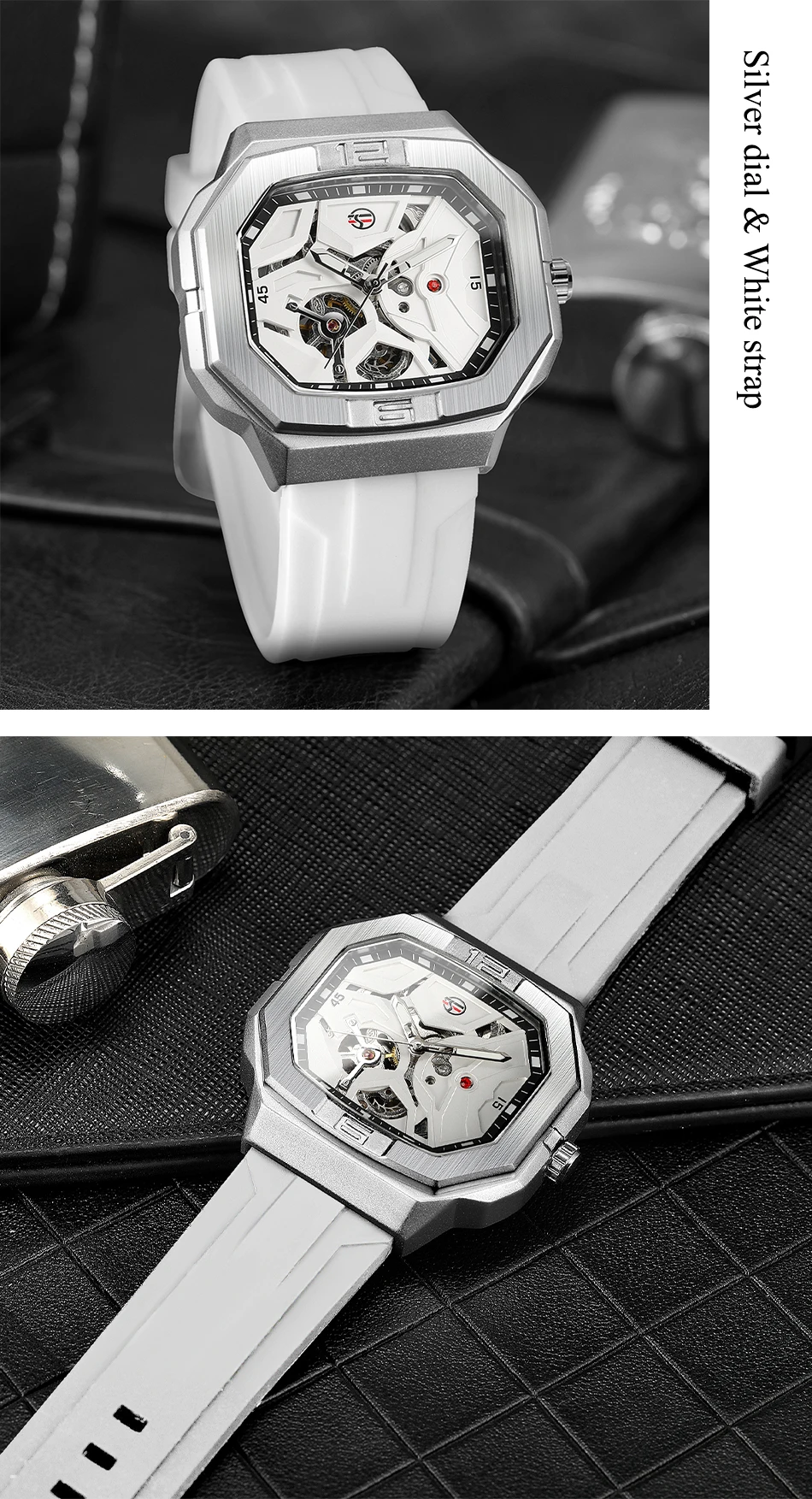 2024 FORSINING Square Skeleton Mechanische Echte Herrenuhr Automatisches Uhrwerk Weiße Sport Wasserdichte Luxus-Männeruhren_voghion.com