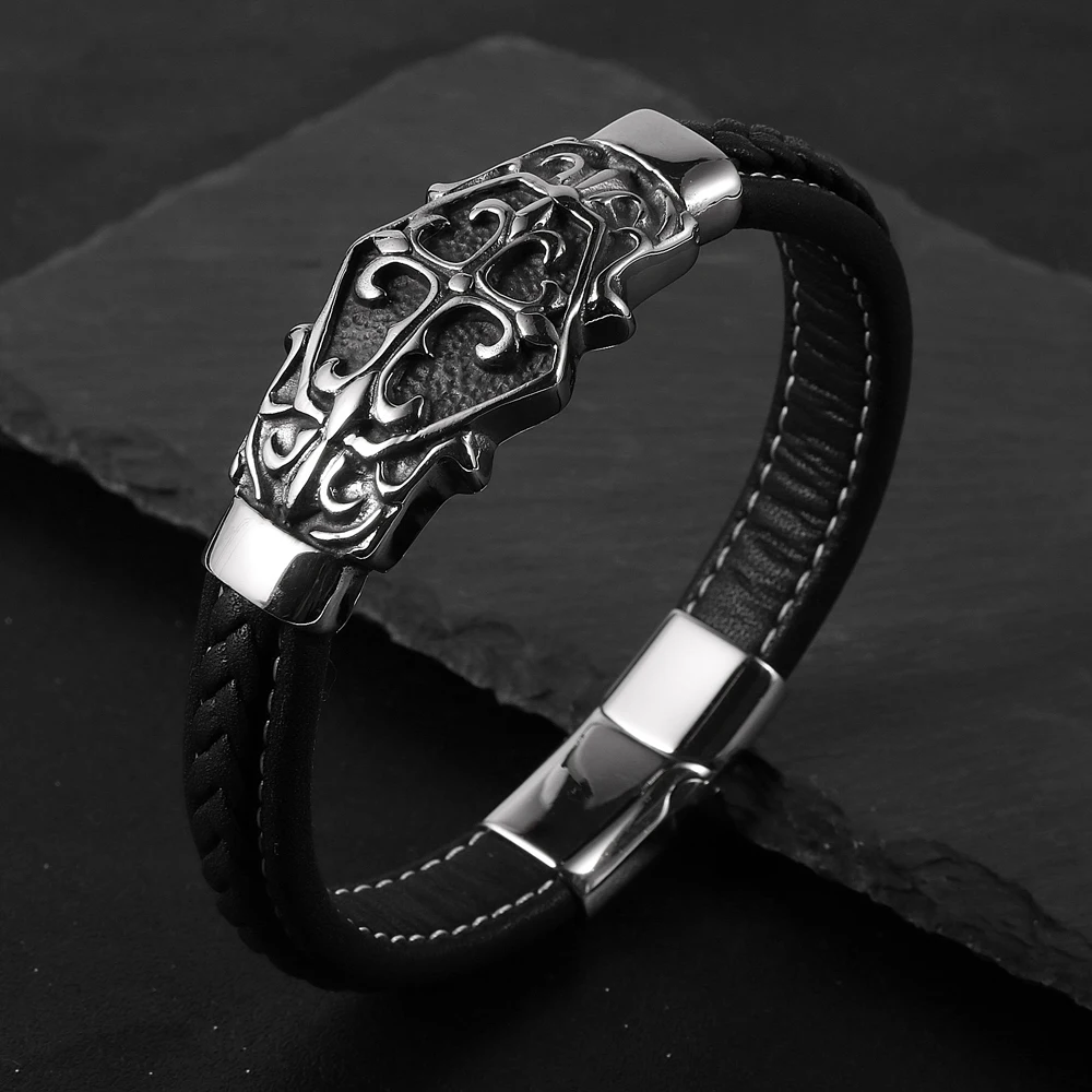 Nabest Vintage Brown Black Genuine Leather Bracelet for Men Cross Bracelets Silver Stainless Steel Charm Magnetic Buckle Bangles