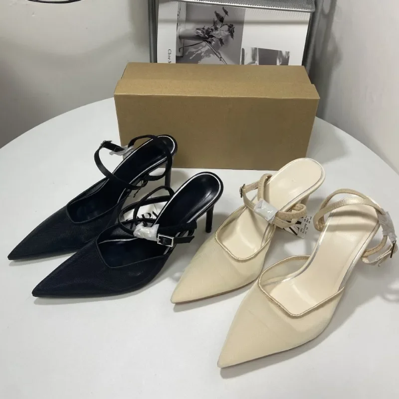 Women High Heeled Sandals Summer Fashion Mesh Elegant Pointed Toe Slingback Stilettos New Designer Ladies Dress Shoes