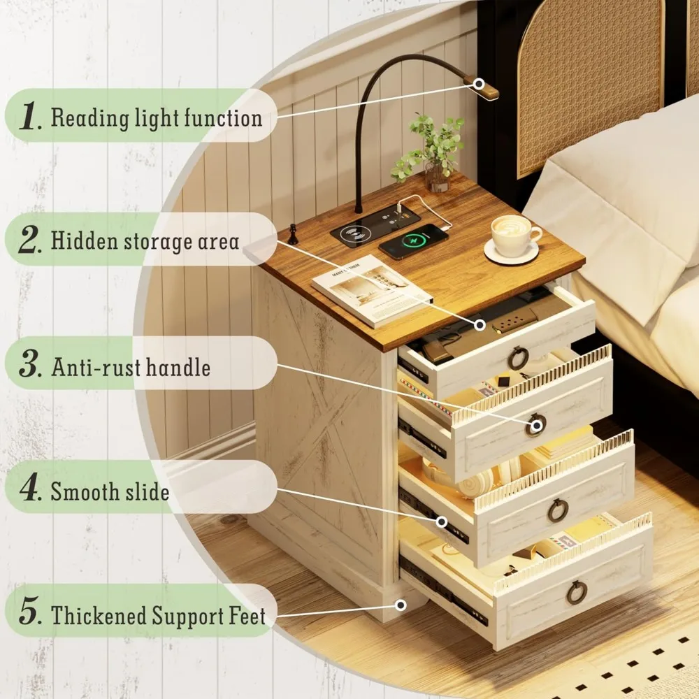 LED Nightstand with Gun Drawer & Reading Light, LED Bedside Table with Charging Station & Human Sensor LED Lights, Nightstands 4