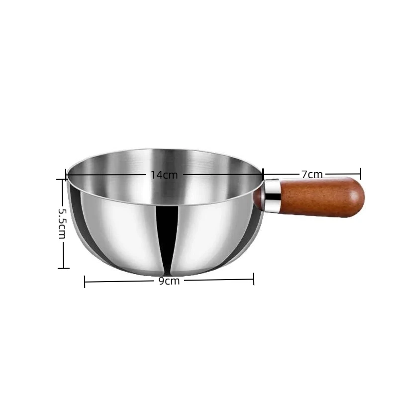 1Pc 14cm Stainless Steel Pot Bowl With Walnut Wood Handle Fruit Salad Yogurt Bowl Kitchen Restaurant Breakfast Cooking Tool