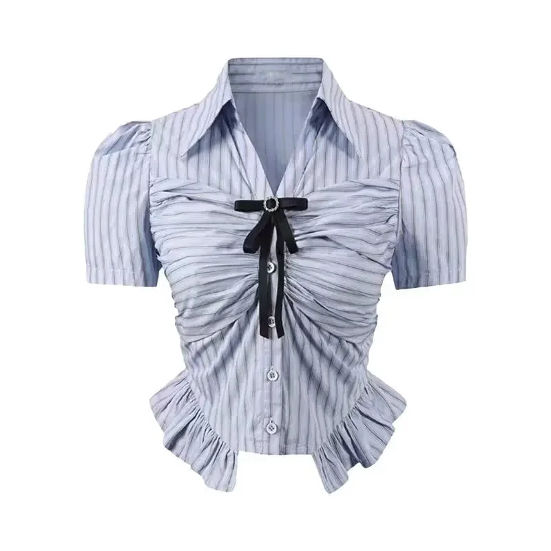 

College Style Bow Korean Version Student Short Sleeved Top for Women Summer Spicy Girl Pure Desire Slim Fitting Short Shirt