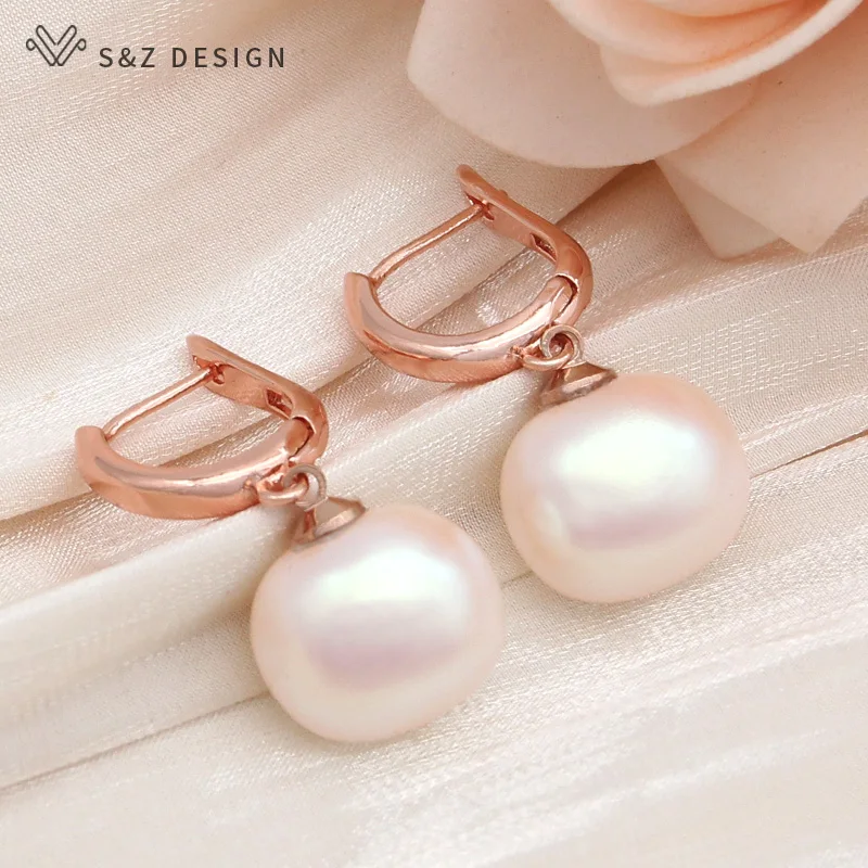 S&Z DESIGN New Fashion Round Rectangle Simulated-pearl Bead Drop Earrings Jewelry Sets For Women 585 Rose Gold Color Necklace
