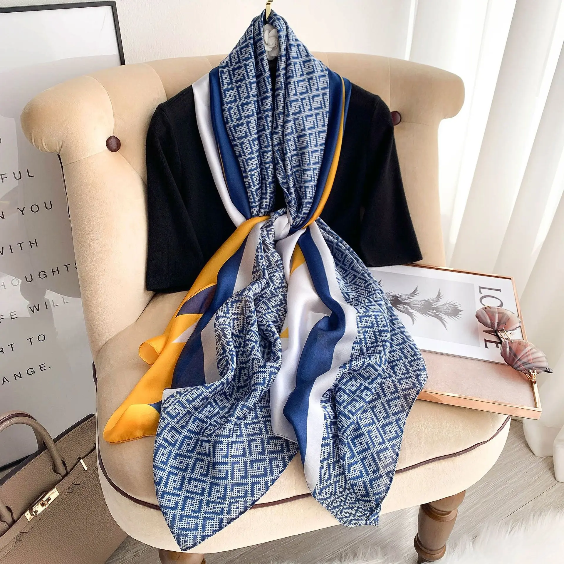 New 180*90cm classic Silk Scarf Women Foulard Office lady Large Fashion Print Beach Hijab shawl warp bandanna muffler pareo 4
