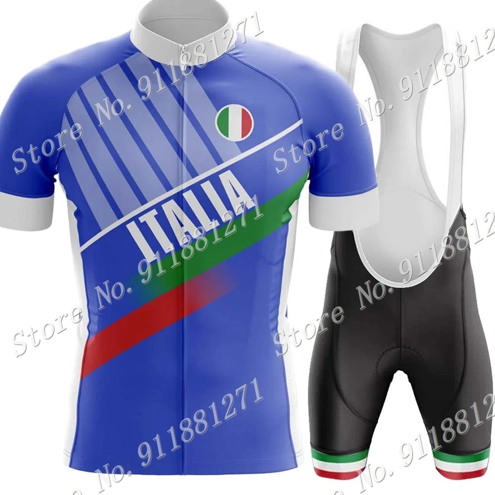 Italy National Team Cycling Jersey Set Summer Blue Clothing Road Bike Shirts Suit Bicycle Bib Shorts MTB Ropa Maillot