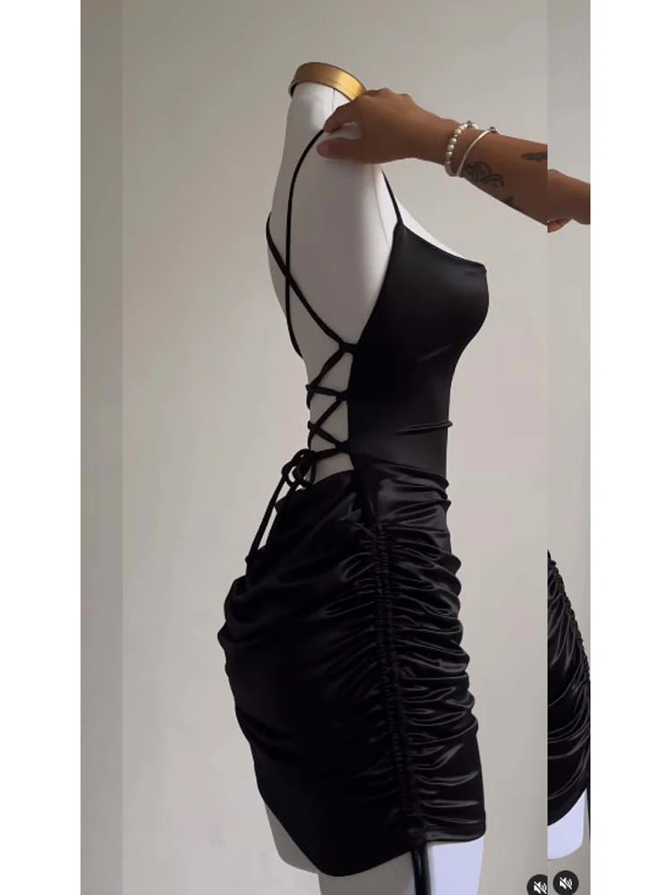Sexy Satin Lace Up Bodycon Mini Dress Women Sleeveless Backless Party Club Dresses Streetwear Elegant Evening Clothes Black Robe 4