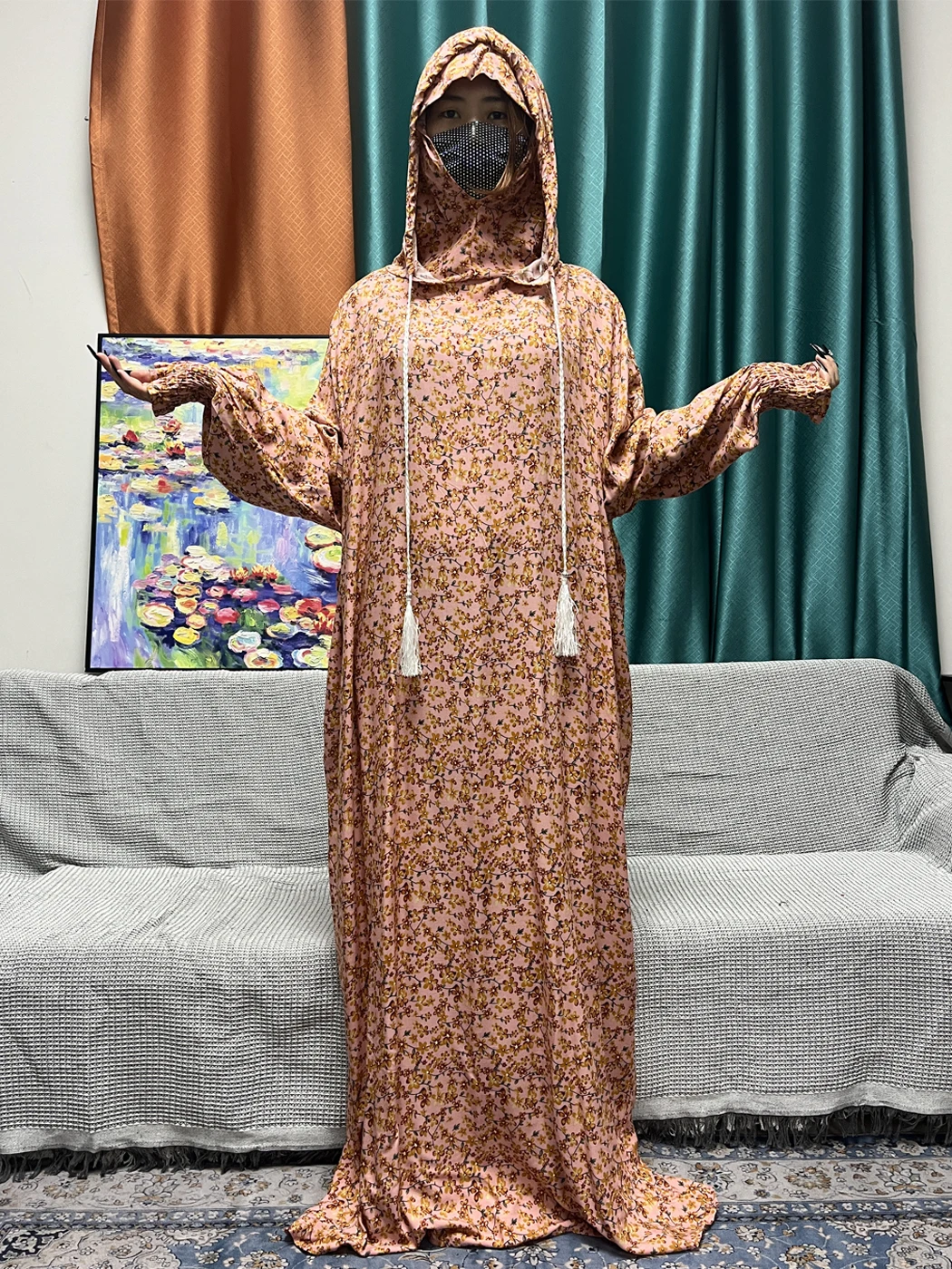 Muslim Sets Abayas For Women's Prayer Garment 2024 Floral Double Layered Hooded Prayer Long Sleeved Robe Traditional Festival