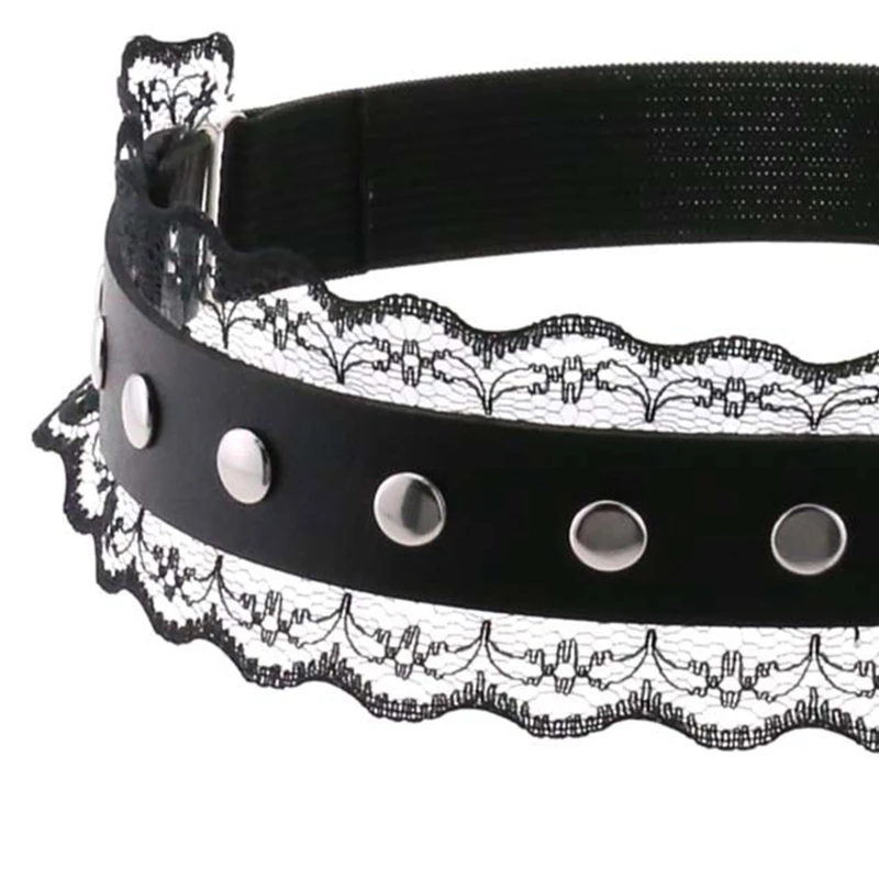 

Women Faux Leather Leg Harness Scalloped Lace Patchwork Gothic Punk Garters Belt Studded Elastic Adjustable Thigh Ring X4YC