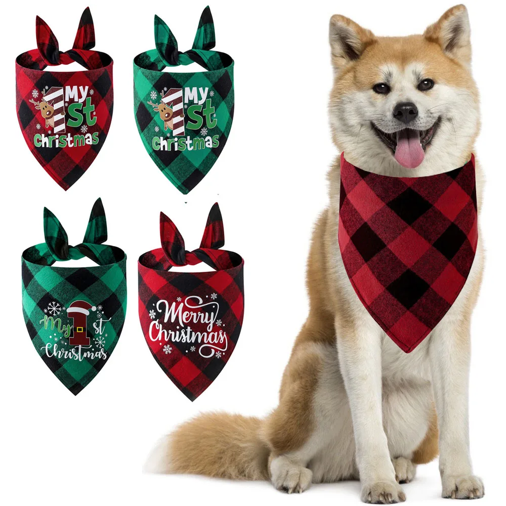 

Dog Triangular Kerchief Christmas Dog Bandanas Printing Plaid Burp Cloth Bibs Xmas Scarf Gifts Merry Christmas Pet Saliva Towel