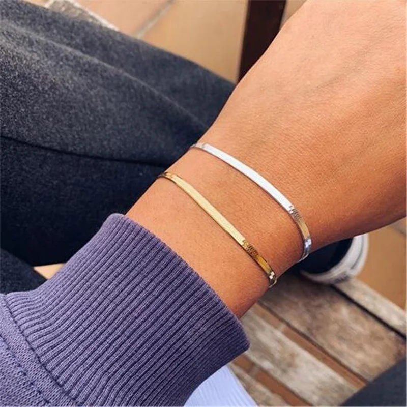 Snake chain Bracelet for Woman Stainless Steel Men Jewelry Gold Plated Flat Bracelets Bangles Waterproof Herringbone Chain | Украшения и