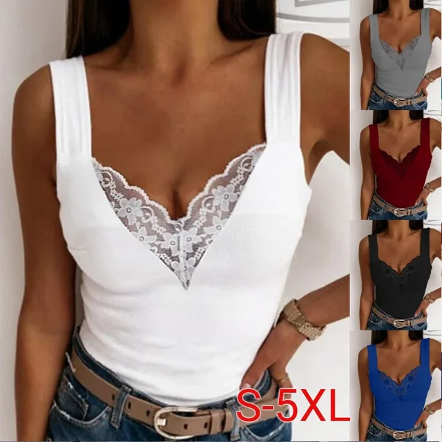 Camicie sexy senza maniche in pizzo tinta unita casual con scollo a V moda estiva da donna Top slim 1