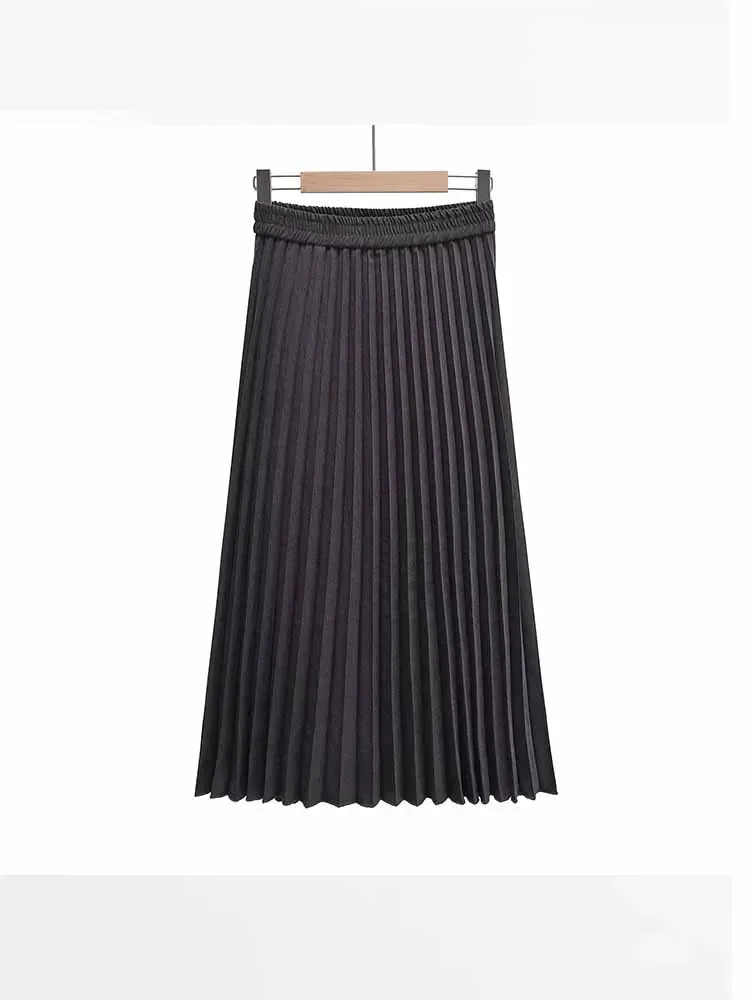 

Women 2024 New Chic Fashion Loose Blended casual versatile Pleated Midi Skirt Vintage High Elastic Waist Female Skirts Mujer