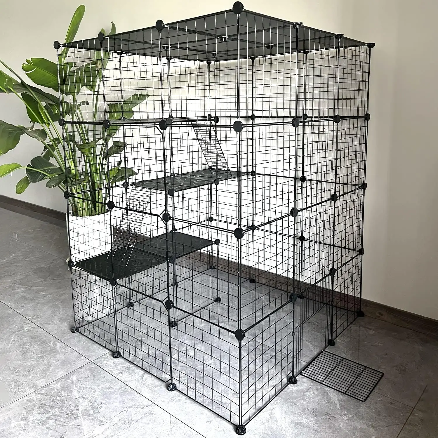 

Large Cat Cage Indoor Cat Enclosures DIY Playpen Detachable Metal Kennel with 3 Platforms Beds and 2 Ladders, Ideal for 1-4 Cats