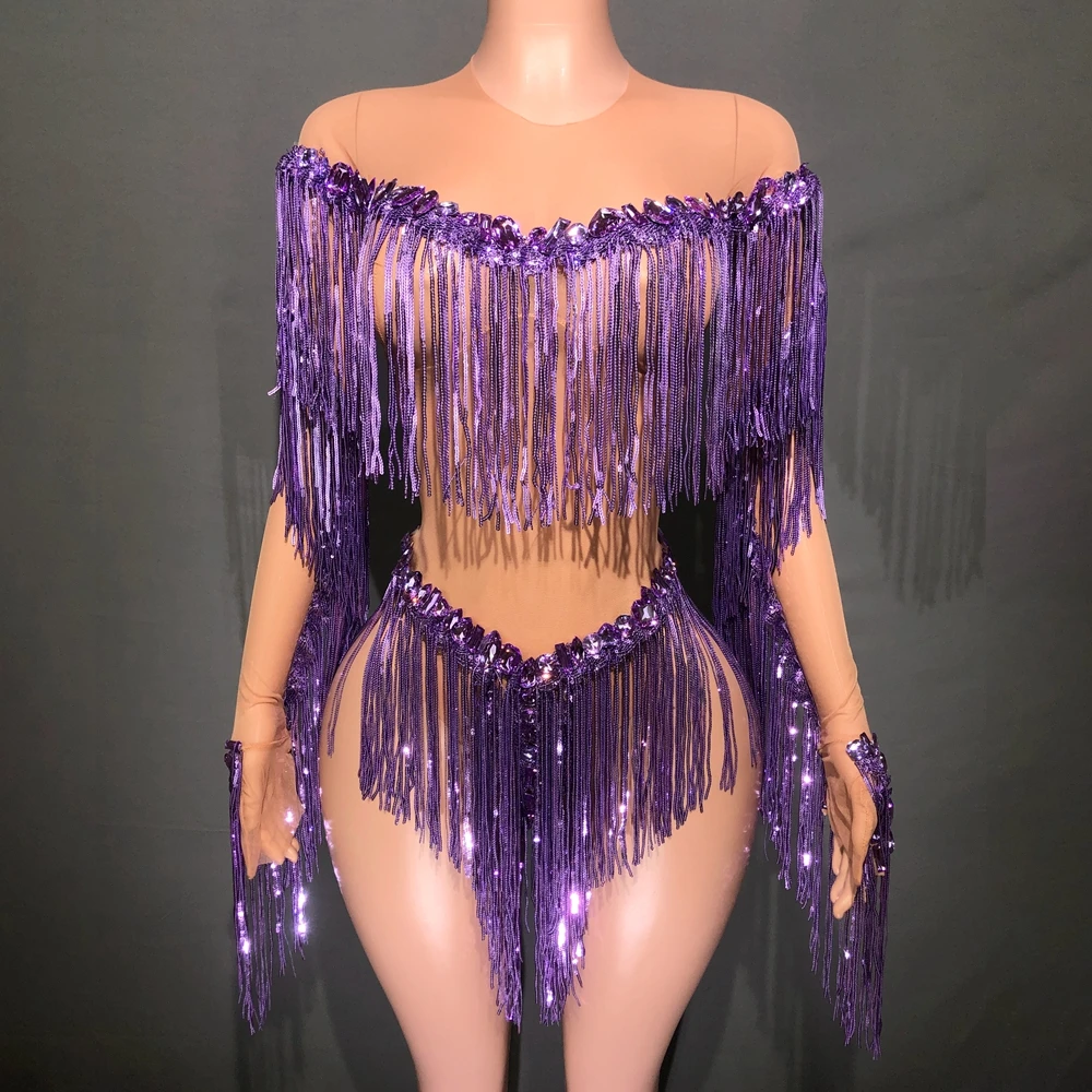 

3 colors Rhinestones Sequins Tassel Leotard Sexy Mesh Transparent Dance Performance Costume Nightclub Bodysuit Show Stage Wear