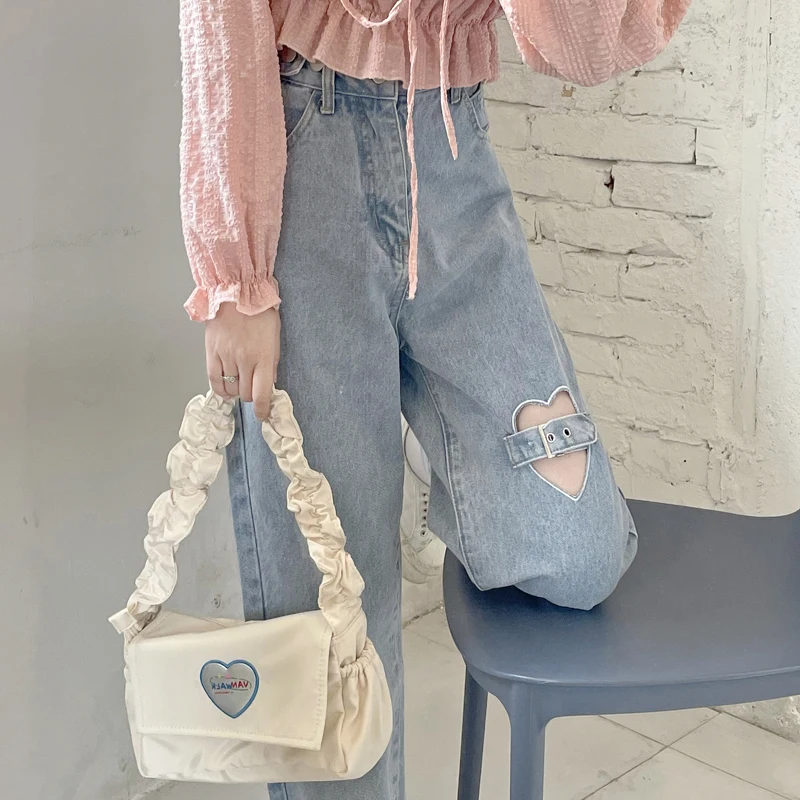 Sweet Love Ripped Blue Jeans for Women 2023 Autumn New Cute Loose High Waist Slimming Wide-Leg Denim Straight Pants Female