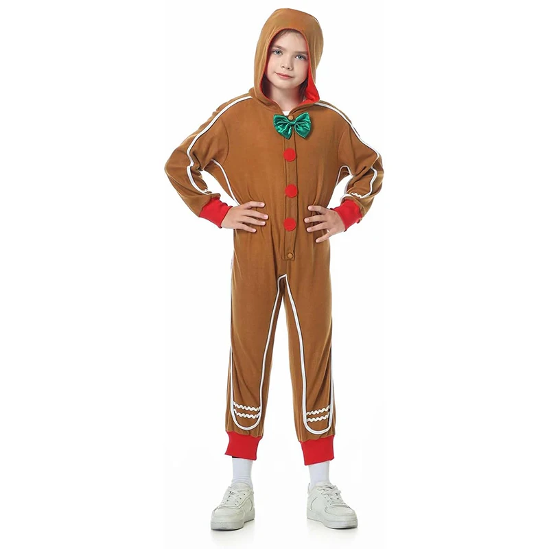 Kids Christmas Gingerbread Man Costume Deluxe Long Sleeve Bowtie Jumpsuit Holiday Cosplay Outfit with Hat and Shoes 4