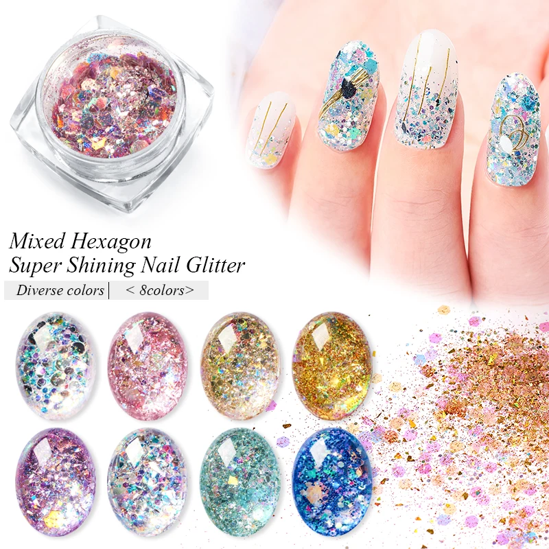 Mtssii 3D Mixed Hexagon 8 Color Nail Dust Sets Holo Glitter Sequins Flakes Manicure Decoration Nail Art Tips