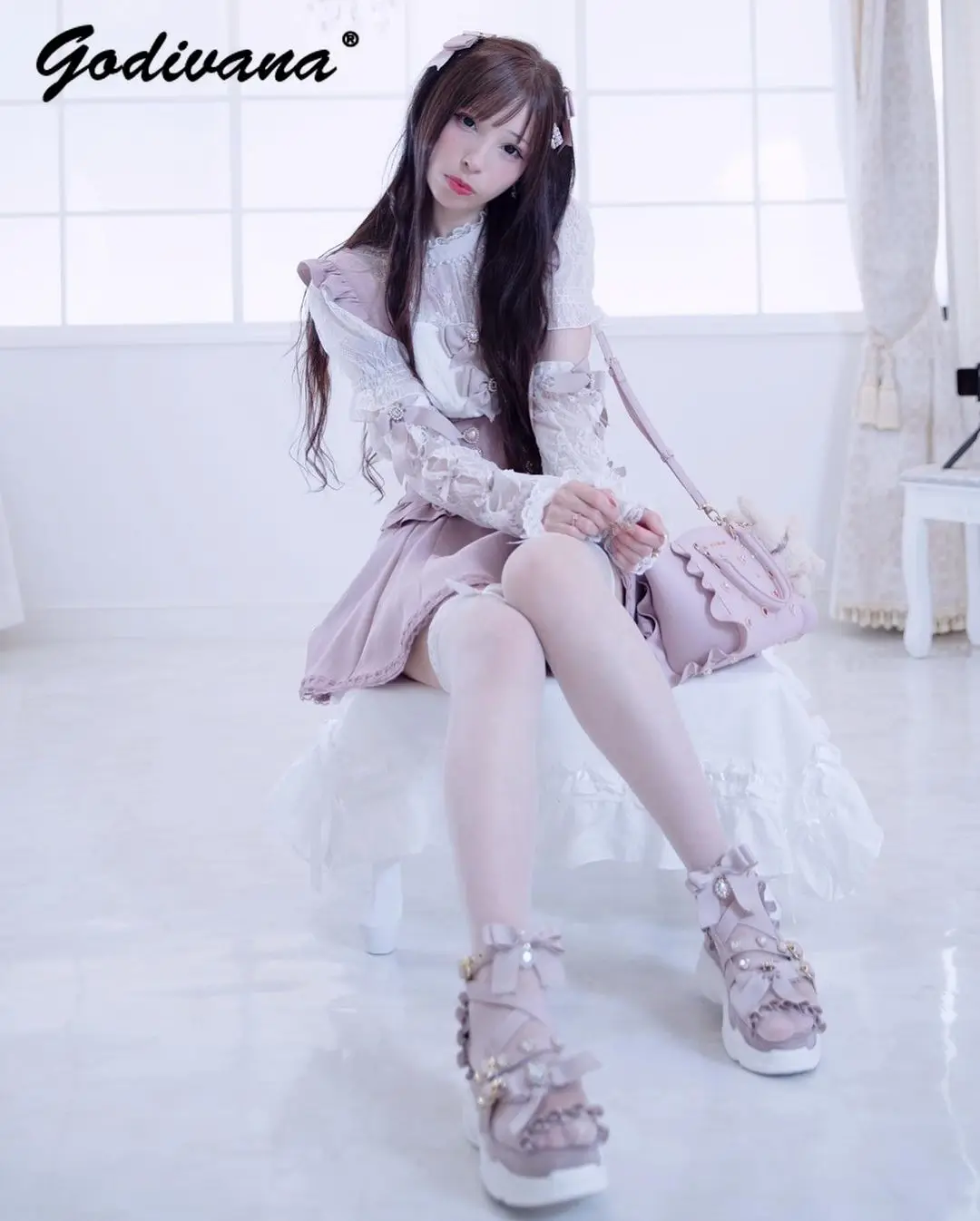 Two-Way Detachable Bow Women Girls Sandals Heart Shape Rhinestone Lolita Mine Style Platform Height Increasing Japanese Sandals