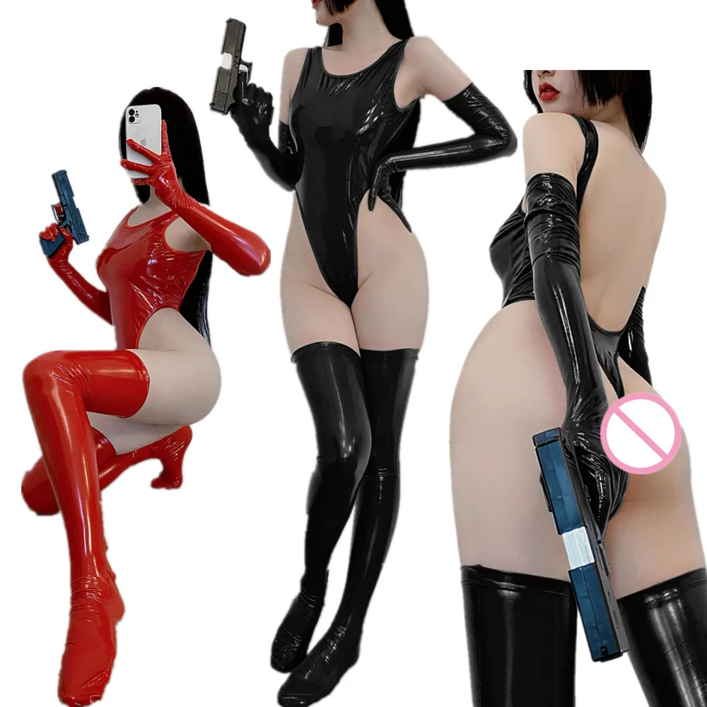 

Womens Glossy Wet Look Bodysuit Sexy Sleeveless PU Leather Bodycon Romper Pole Dance Clubwear Costumes with Gloves and Stocking