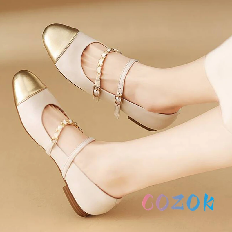 Fashion Patent Leather Stitching Metal Chain Double Front Strap Ballet Flats Round Toe Women Soft Soled Dress Shoes Summer 3