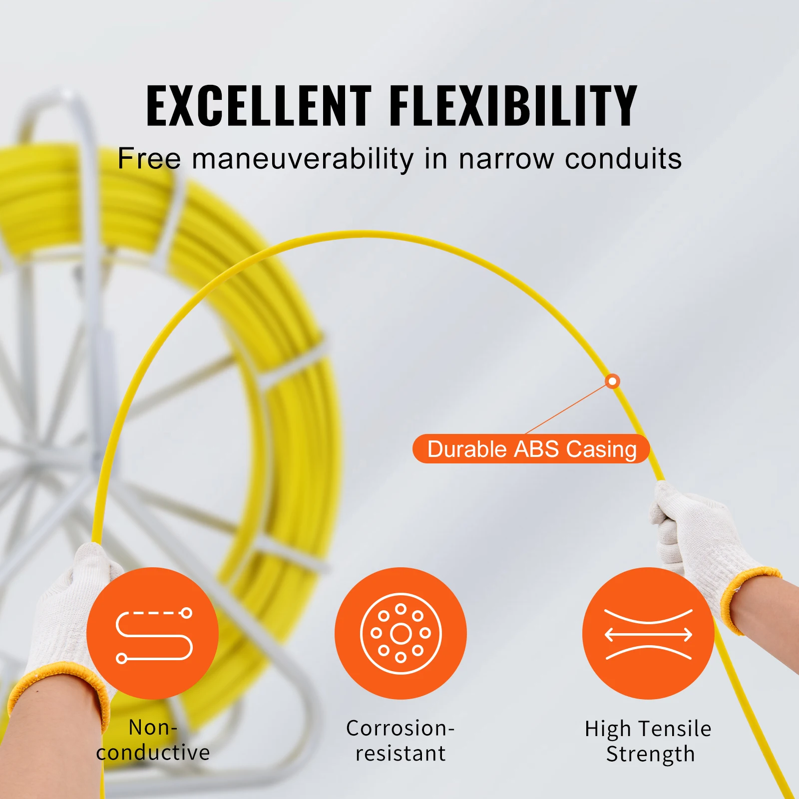 VEVOR Fish Tape Fiberglass 425/492/600/656 ft Duct Rodder Fishtape Wire Puller Fishing Tools for Walls and Electrical Conduit