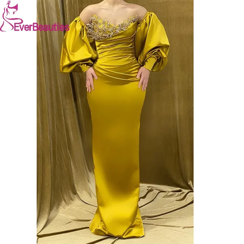 

Mermaid Satin Beaded Prom Dress Long Dubai Arabia Half Sleeves Evening Dresses for Women Vestidos De Fiesta Elegantes Para Mujer