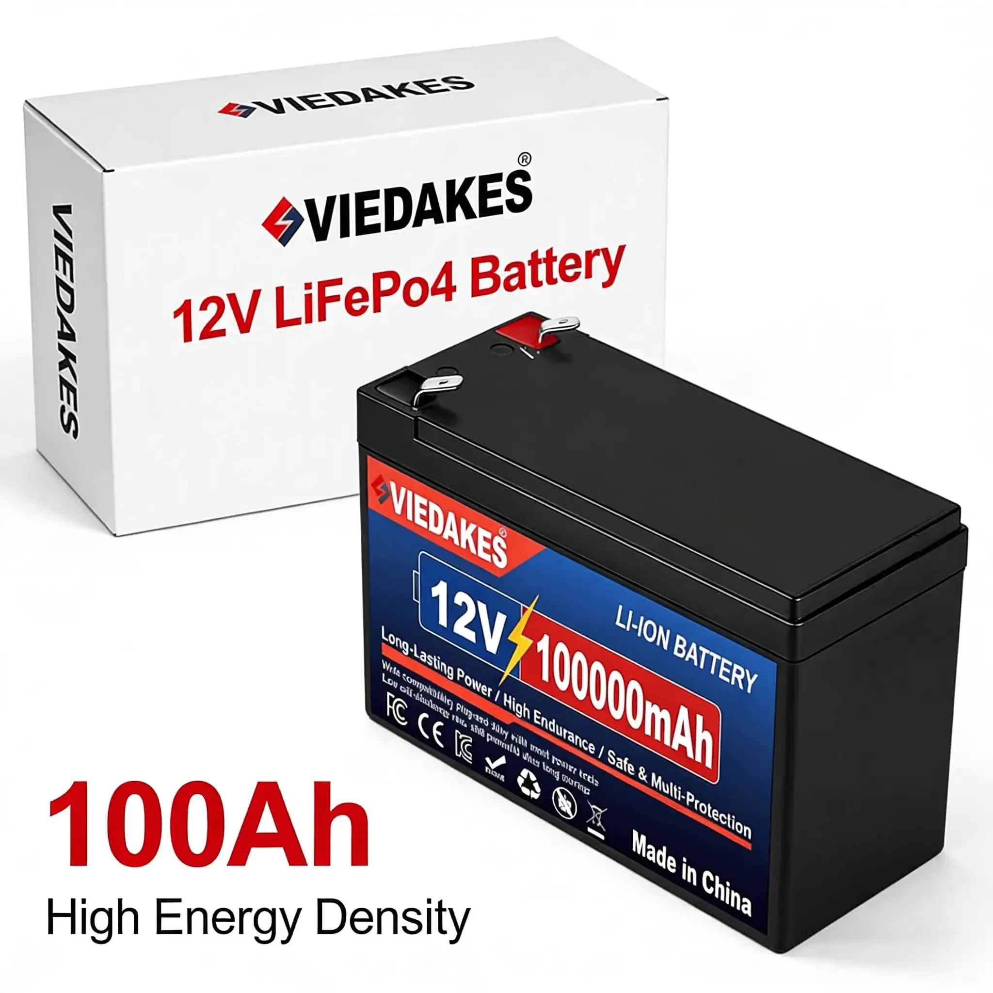 VIEDAKES 12V 100Ah LiFePO4 Battery with Charger High Capacity Fast Shipping Batería de litio fosfato de hierro 12V 100Ah
