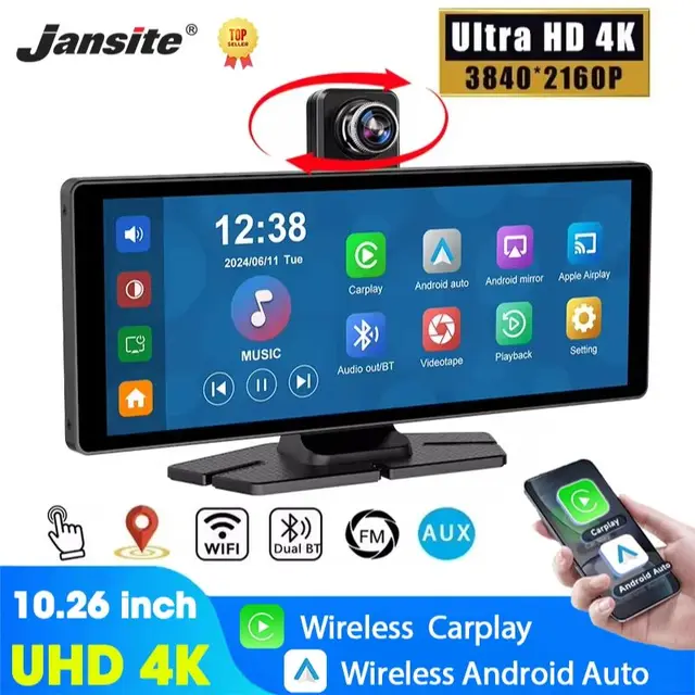 7"/10,26" 4K Dash Cam sans fil Carplay Android Auto 350 °   Lentille rotative voiture DVR GPS Navigation tableau de bord enregistreur vidéo Bluetooth 1