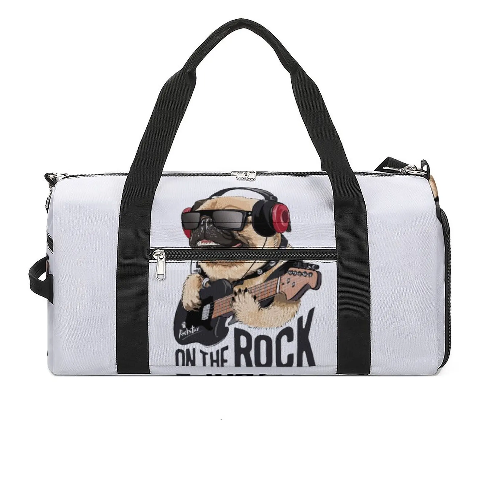

Gym Bag On The Rock Sports Bag with Shoes A Pug Playing Guitar Male Female Portable Custom Handbag Retro Travel Fitness Bag