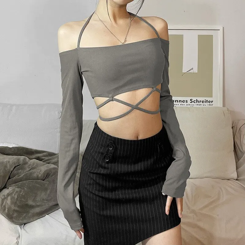 

Women Sexy Halter Crop Tops Slim Slash Neck Solid Color Fashion Irregular Patchwork Long Sleeve Backless Lace-up Summer Clothes