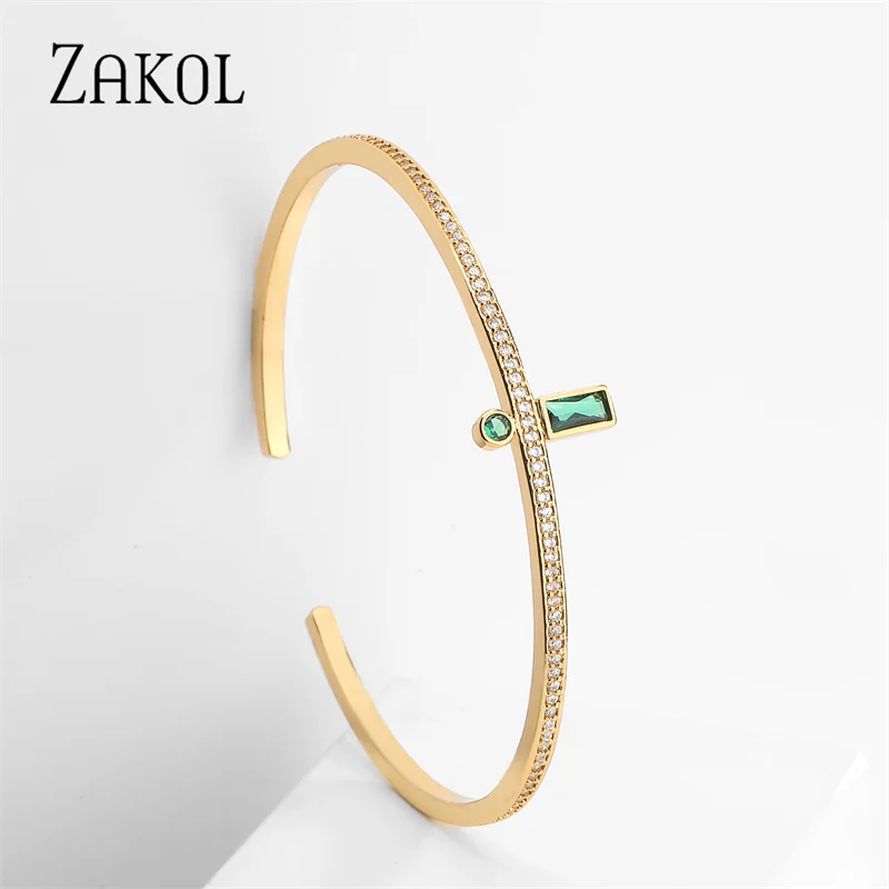 Fashion Green Cuff Bangles for Women Rectangle Zirconia Bracelets Christmas Party Jewelry,bangle bracelet,zirconia bangle