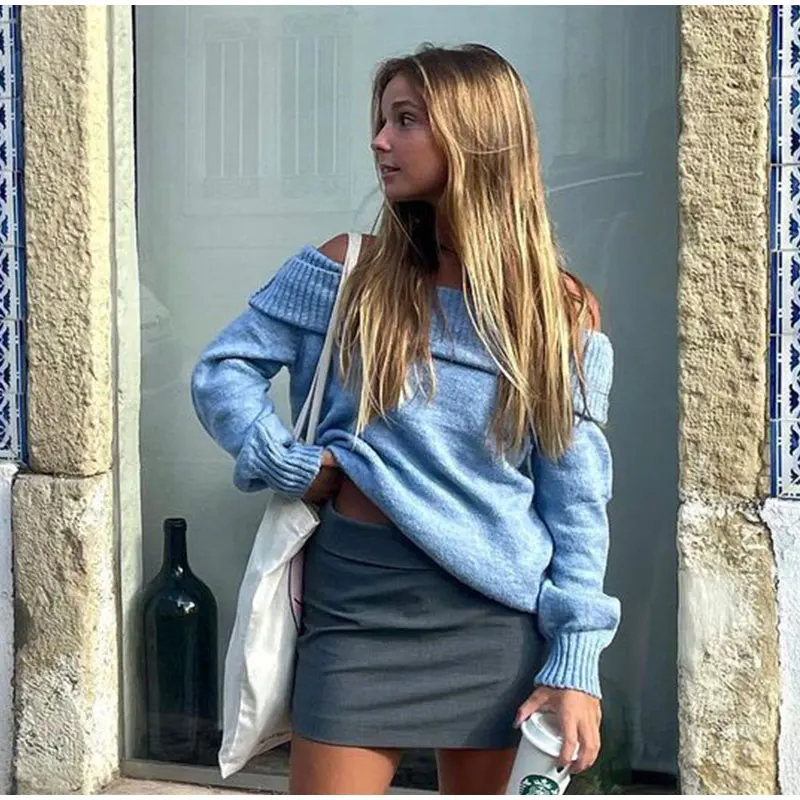 S3f3b8e71e6b646949809fd51b8067266V Fashion Sexy Solid Off Shoulder Female Jumpers Casual Slash Neck Long Sleeve Sweater Autumn Ladies High Street Knitwear Mallzona