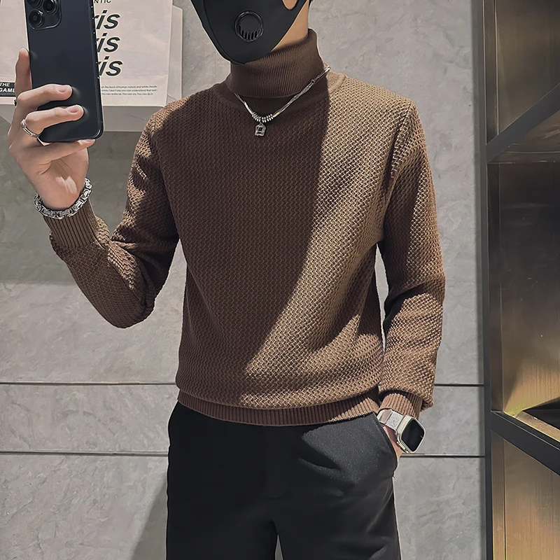 

Korean Autumn Winter Turtleneck Sweater Men Solid Color Casual Business Knitted Pullovers Office Social Knitwear Tops 2023