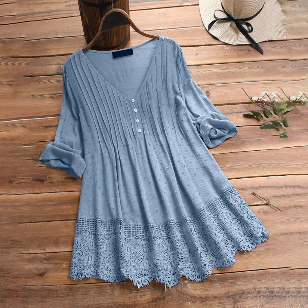 

Women Bohemia Beach Holidays Shirts Vintage Elegant Solid Color Seven Quarter Sleeve Lace Patchwork Blouse Casual Fashion Blouse
