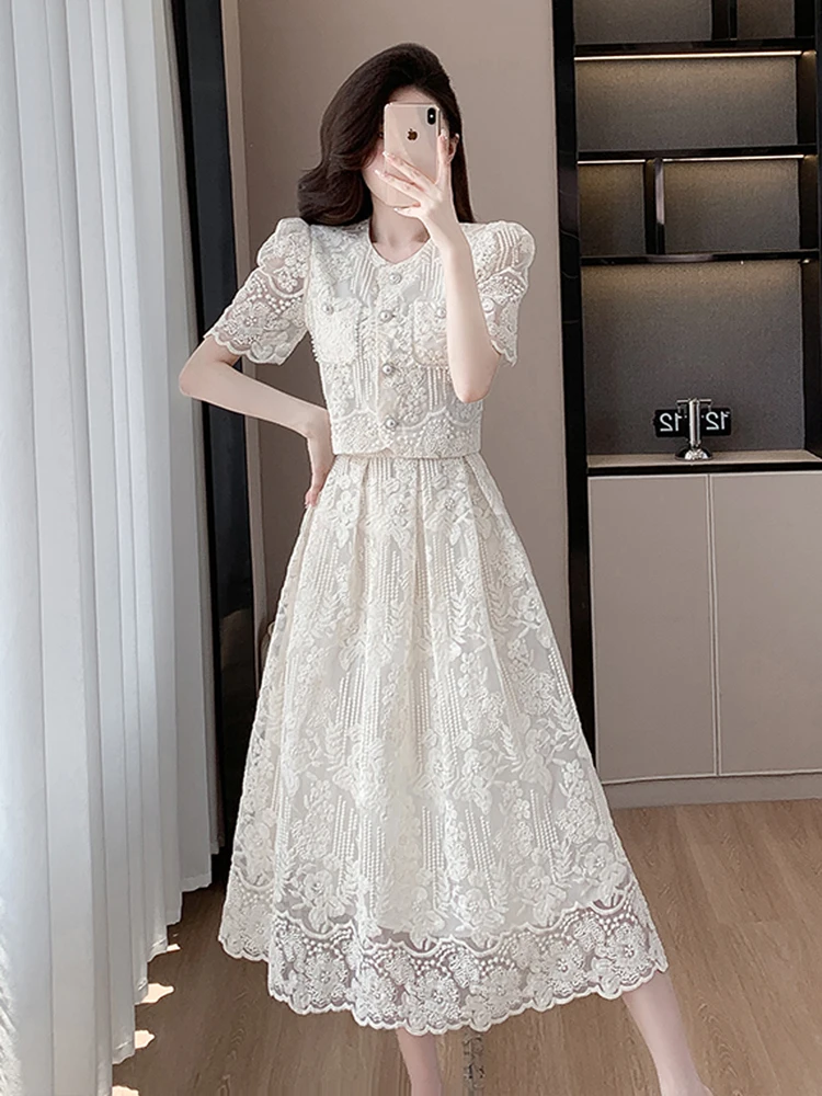 High Quality Summer Embroidery Lace 2 Piece Set Chic WomenBeaded Flower  Single Breasted Short Top + A Line Midi Skirt Suits - AliExpress 200000345