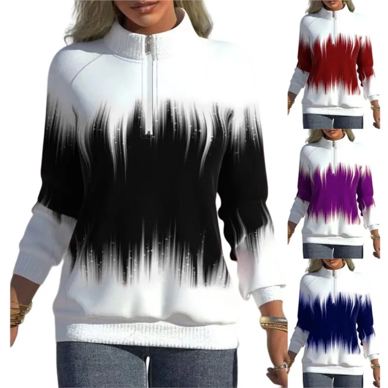 

Fitting Gradient Color Fashionable Printing Collar Zipper Long Sleeved Autumn And Winter 2023 Women's Half High Collar Sweater