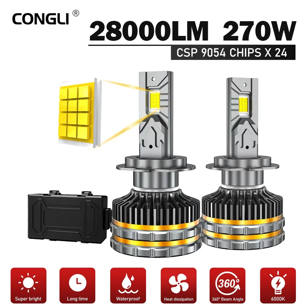 

Лампа светодиодная CONGIL H7 H4 H11 Светодиодный, 270 Вт, Canbus H8 H13 9005 HB3 9006 HB4 9007 Turbo, 6000 К, лм, 12 В, 24 В