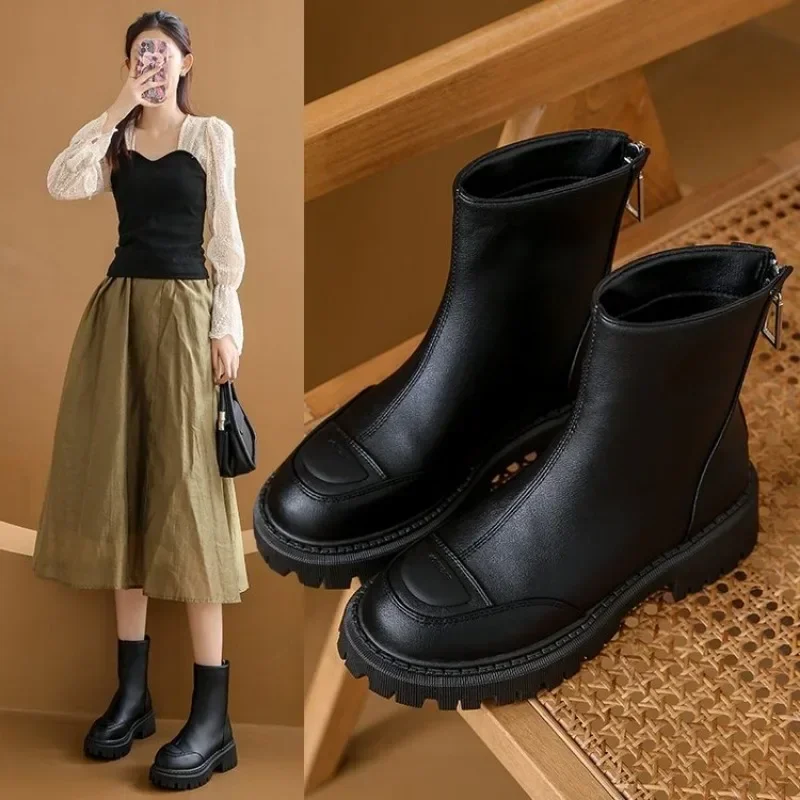 2023 New Winter New Ankle Boots Women Platform Leather Chelsea Boots Female Round Toe Elastic Thick Sole Shoes Ladies Zapatos