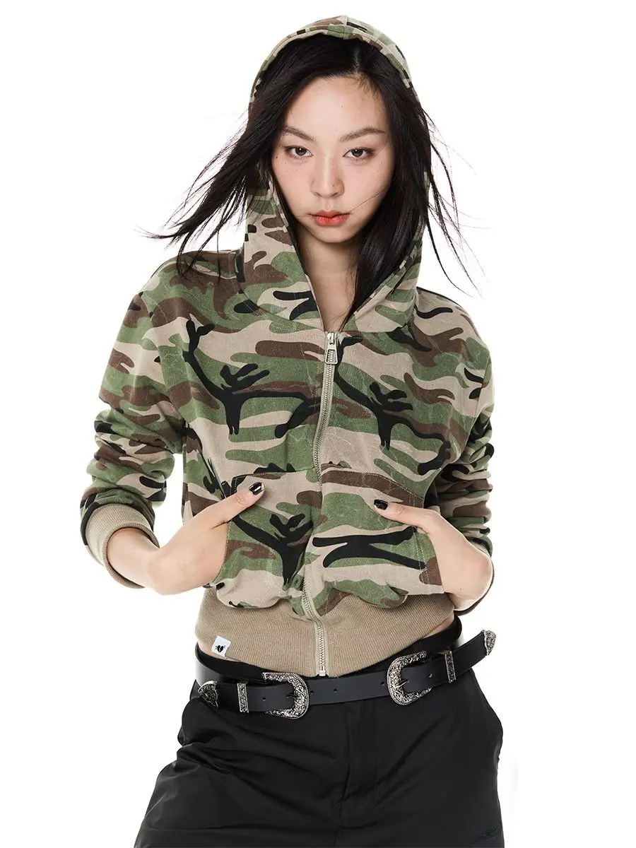 Coats Long Sleeve Zipper Camouflage Hoodie Cardigan American Street Sweatshirts Simple All-Match Slim Fit Tops Women Y2k Jacket